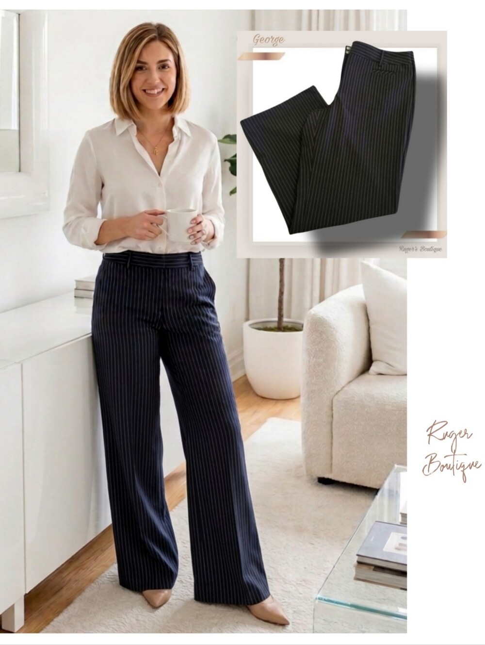 🌿George Women's 10 Petite Black Pinstripe Straight Wideleg Dress Pants